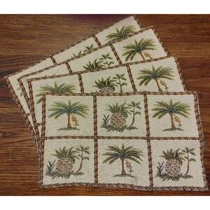 Distressed TAPESTRY Tropical Palm tree And Pineapple Placemats Set of 4 READ